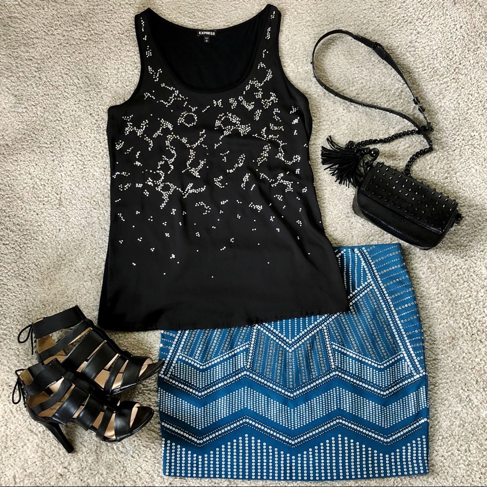 Express Teal Sequined Embellished Mini Skirt